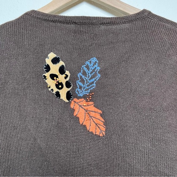 Breckenridge Women Cardigan Sweater XL Chocolate Brown Fall Leaves Artsy - Picture 9 of 10